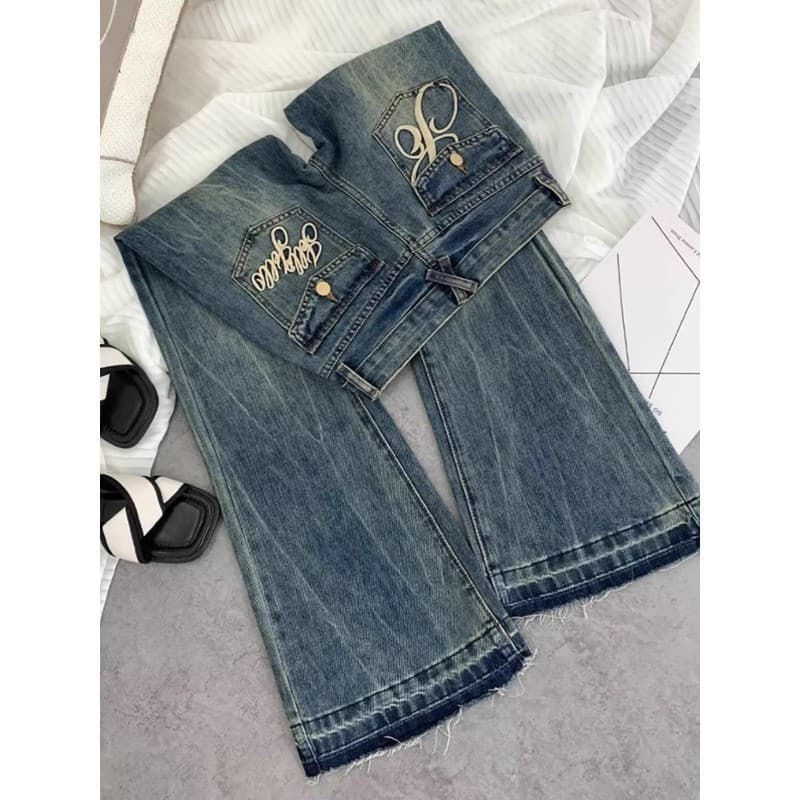 Vintage High-Waisted Flared Jeans – Embroidered Distressed Denim Pants For Women (XS-2XL, Retro Blue & Grey)​