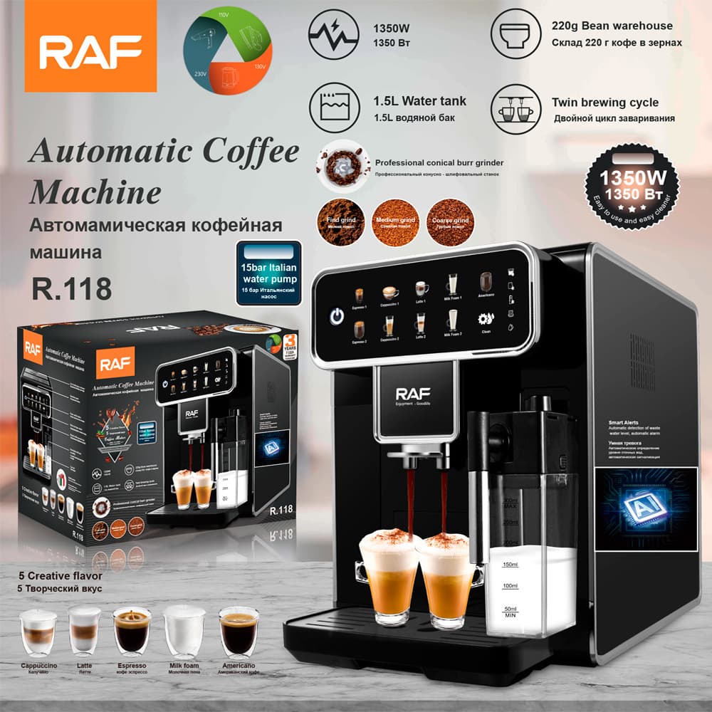 RAF European Certified Automatic Espresso Machine - 10-Cup Steam Coffee Maker With Self-Cleaning & Temperature Control, Stainless Steel Body