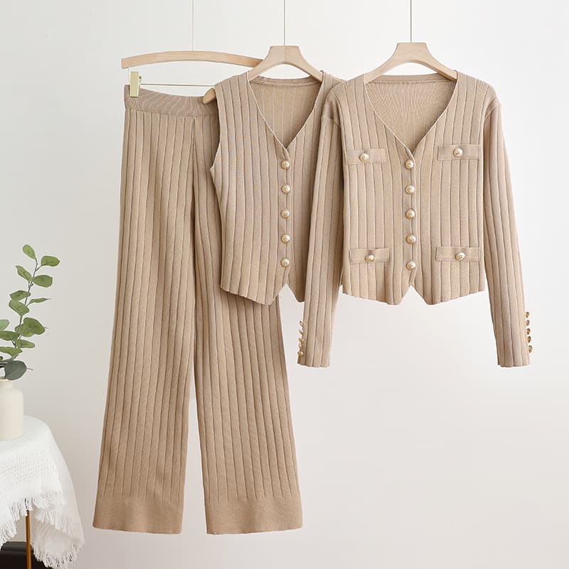 Women's Clothing Long Sleeved V Neck Single Breasted Knitted Jacket Three Piece Vest High Waist Straight Wide Leg Pants