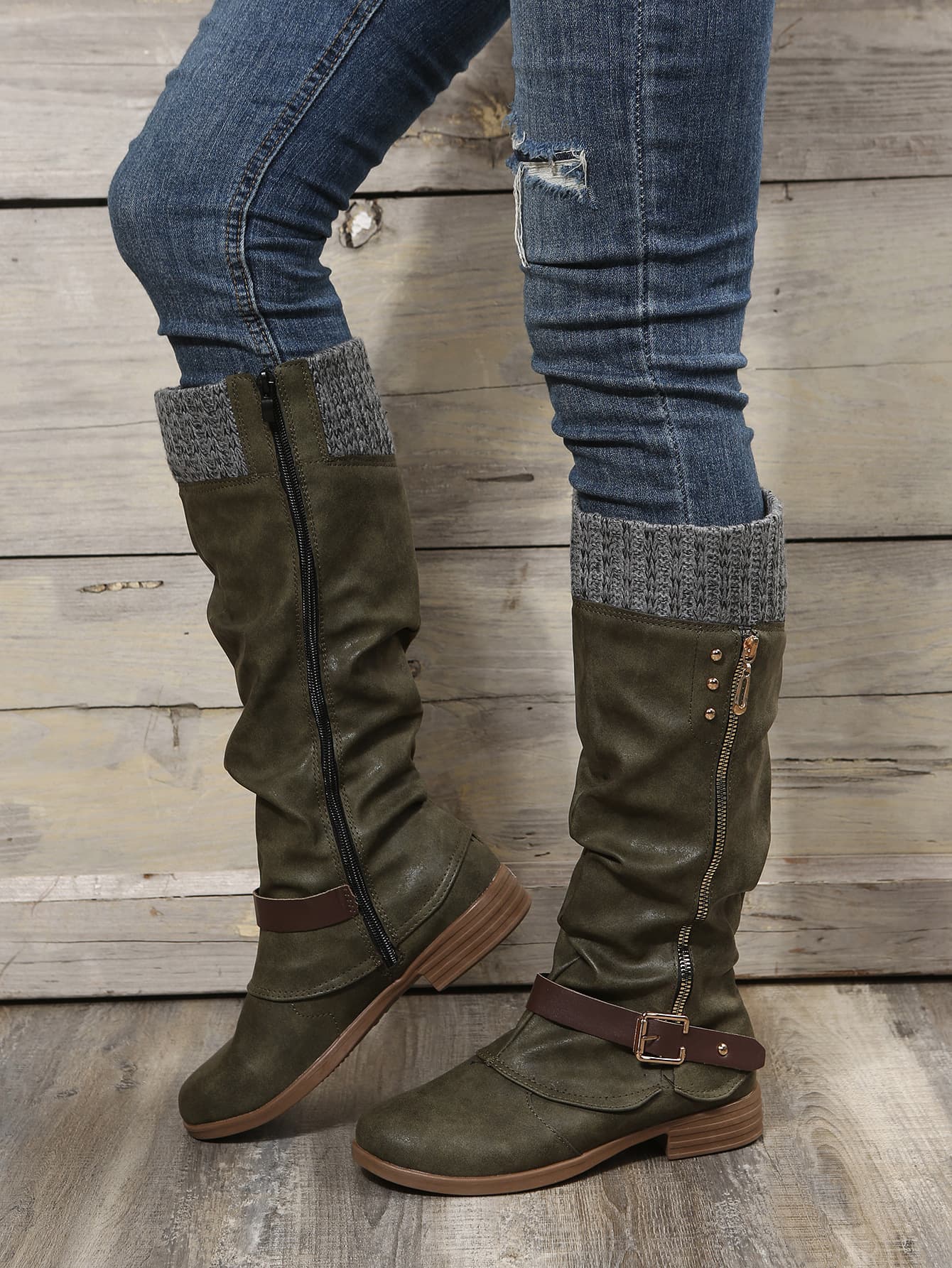 Round toe chunky heel mid-simple warm side zip boots