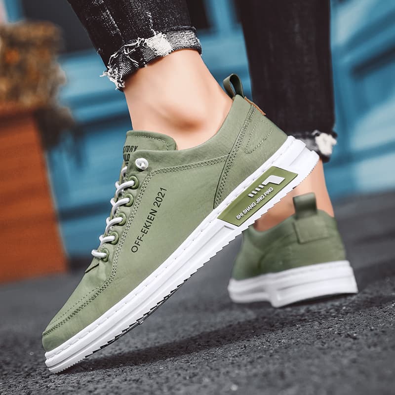 Breathable Canvas Slip-On Shoes For Men - Lightweight Summer Casual Sneakers With Rubber Sole, Low-Cut Design In Green & Grey