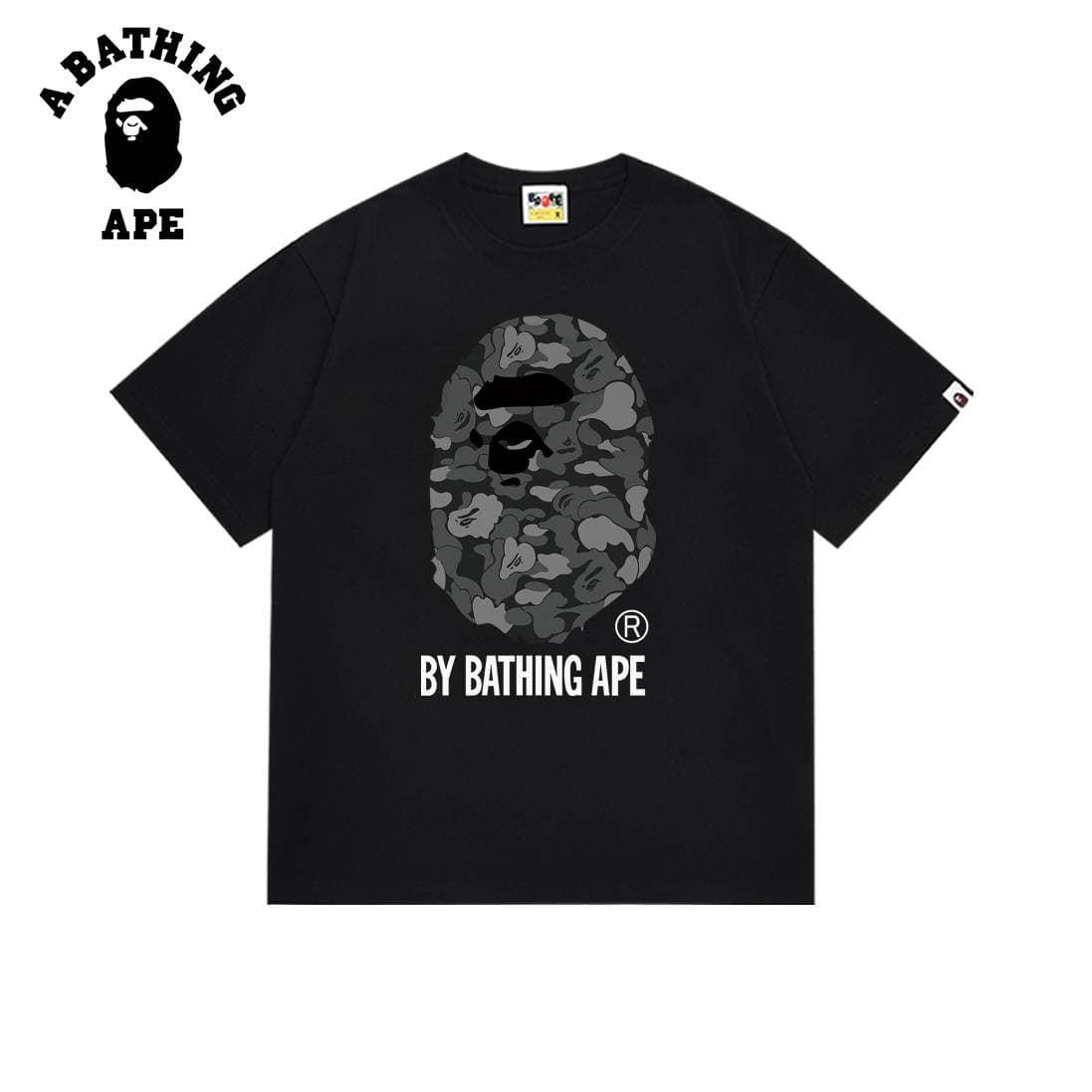 A BATHING APE BAPE-Military Green CamouflageMen's Short Sleeved T-shirt With Letter Printed Pattern