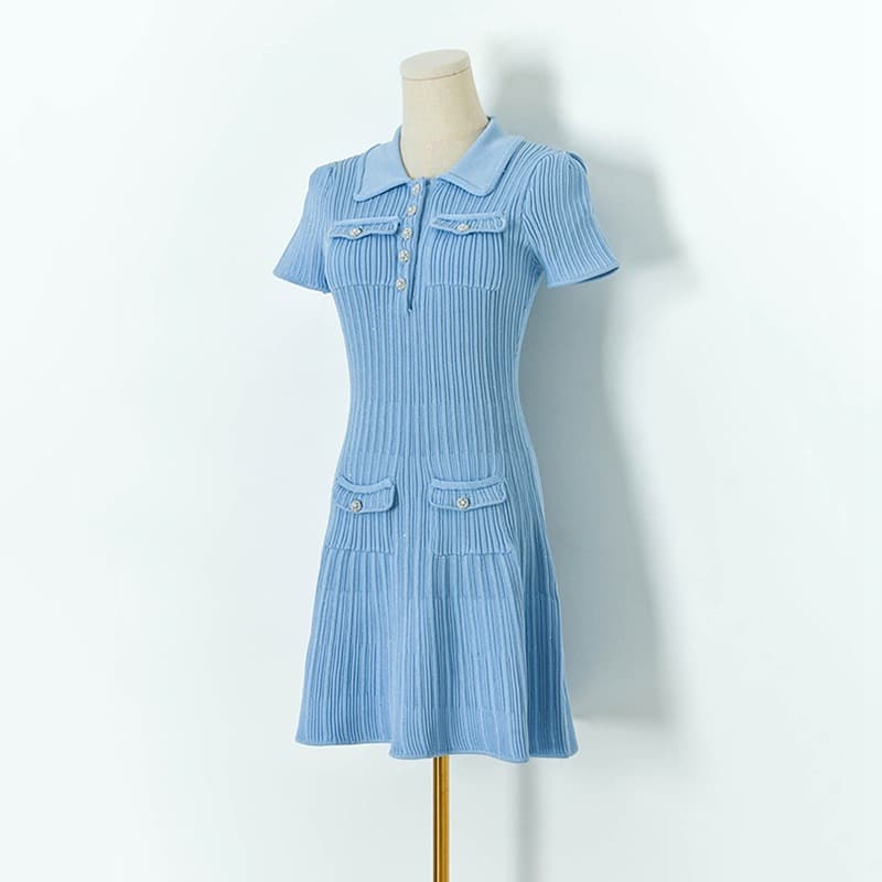 Women's Clothing S4032 Spring and Summer New Sequined Yarn Elastic Waist Baby Lapel Short Sleeve Knitted Skirt A line Dress Women's