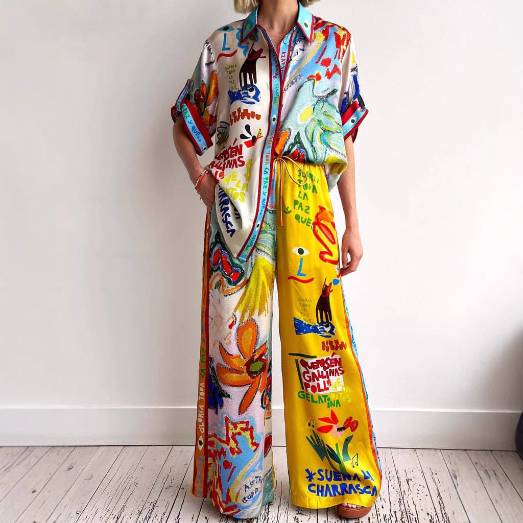 Women's Clothing Fashion Personality Printed Short Sleeved Color Matching Holiday Leisure Tether Suit
