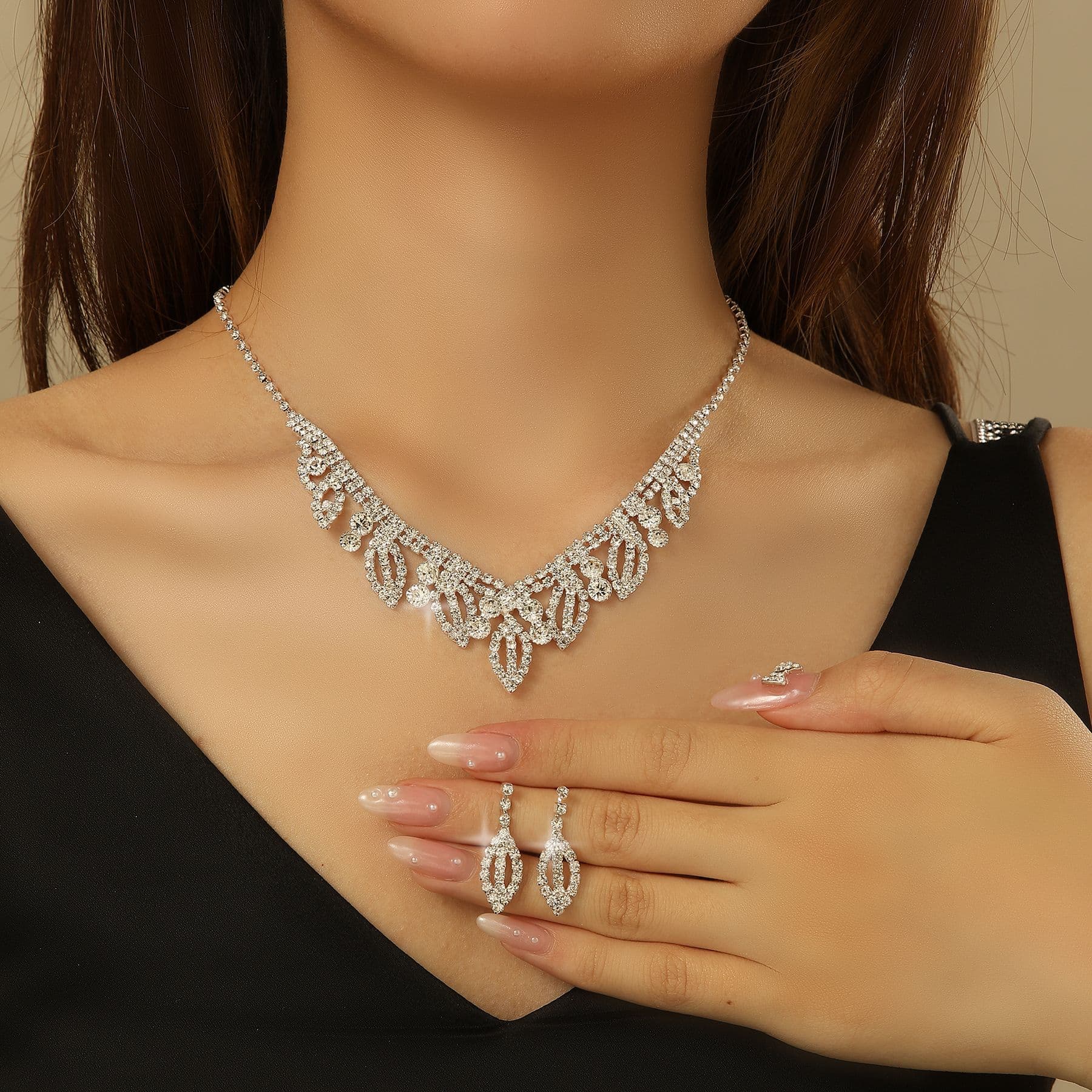 Fashion Water Necklace Earring Set Full Diamond Claw Chain Dress Evening Accessories