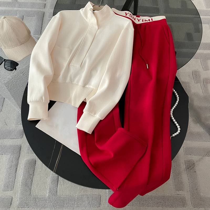 Women's Clothing Street Casual Sports Suit Long Sleeved Zipper Sweatshirt Wide Leg Pants Running Two Piece Suit
