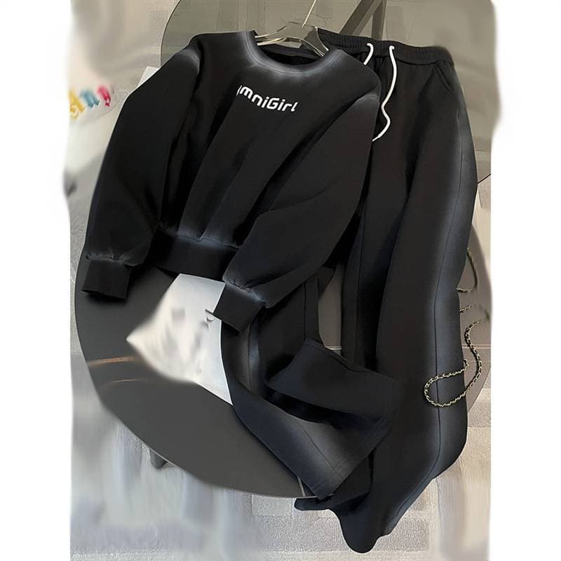 Women's Clothing fashion brand casual sports suit for women winter new velvet thickened letter sweater wide leg pants two piece suit