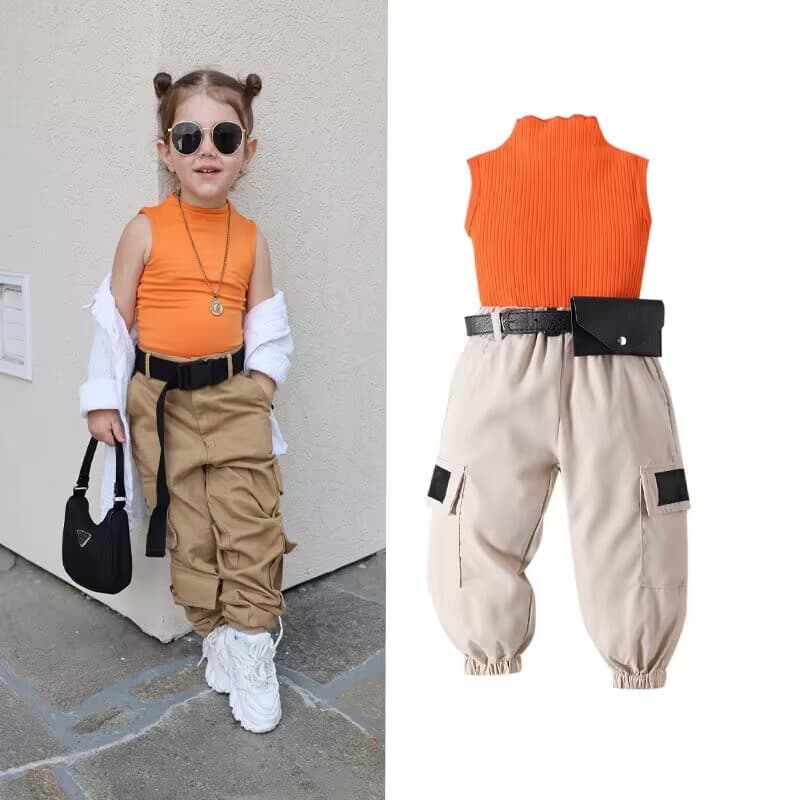 Mother&Kids Girls' summer solid color pit striped vest set feet cargo pants belt three-piece set