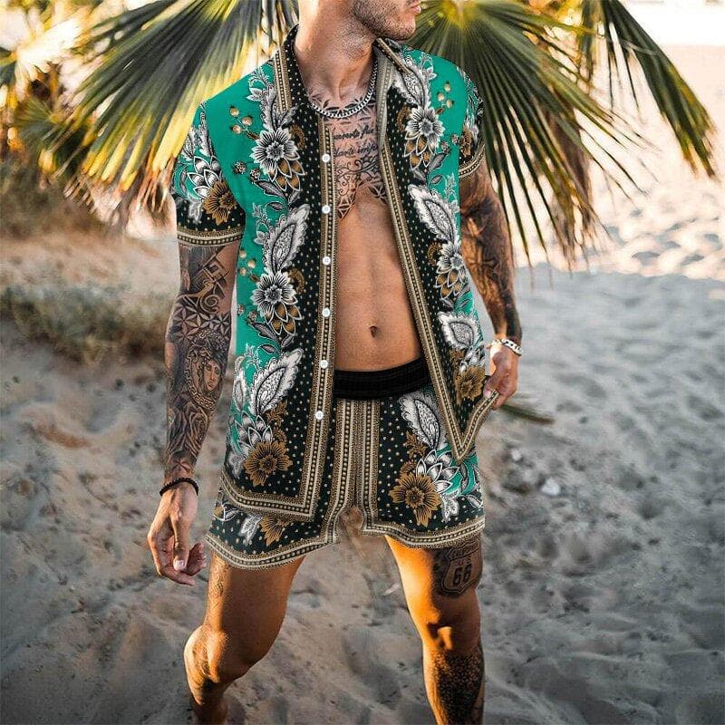Summer Men's Shirt Casual Loose Short sleeved Shorts Beach Set