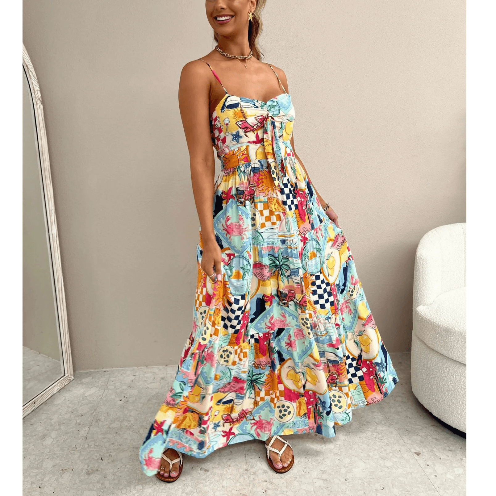 Women's new suspender print dress INS loose holiday casual elastic dress
