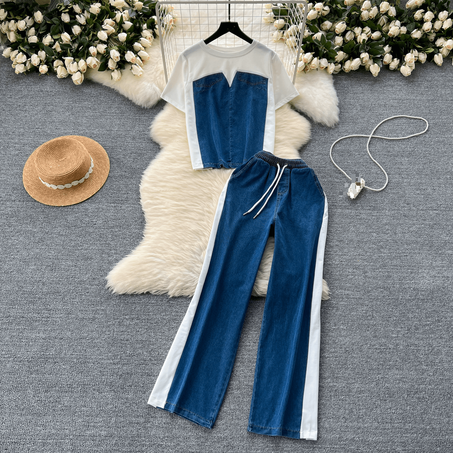 Women's Clothing Short Sleeved T Shirt Patchwork Denim Top High Waist Casual Straight Pants Two Piece Suit