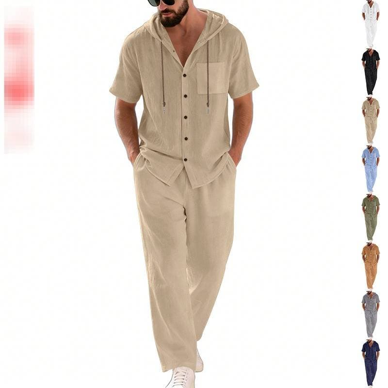 Men's Summer Linen Shirt And Trousers Set Loose Fit American Style Beachwear With Hood And Pockets Breathable Clothing