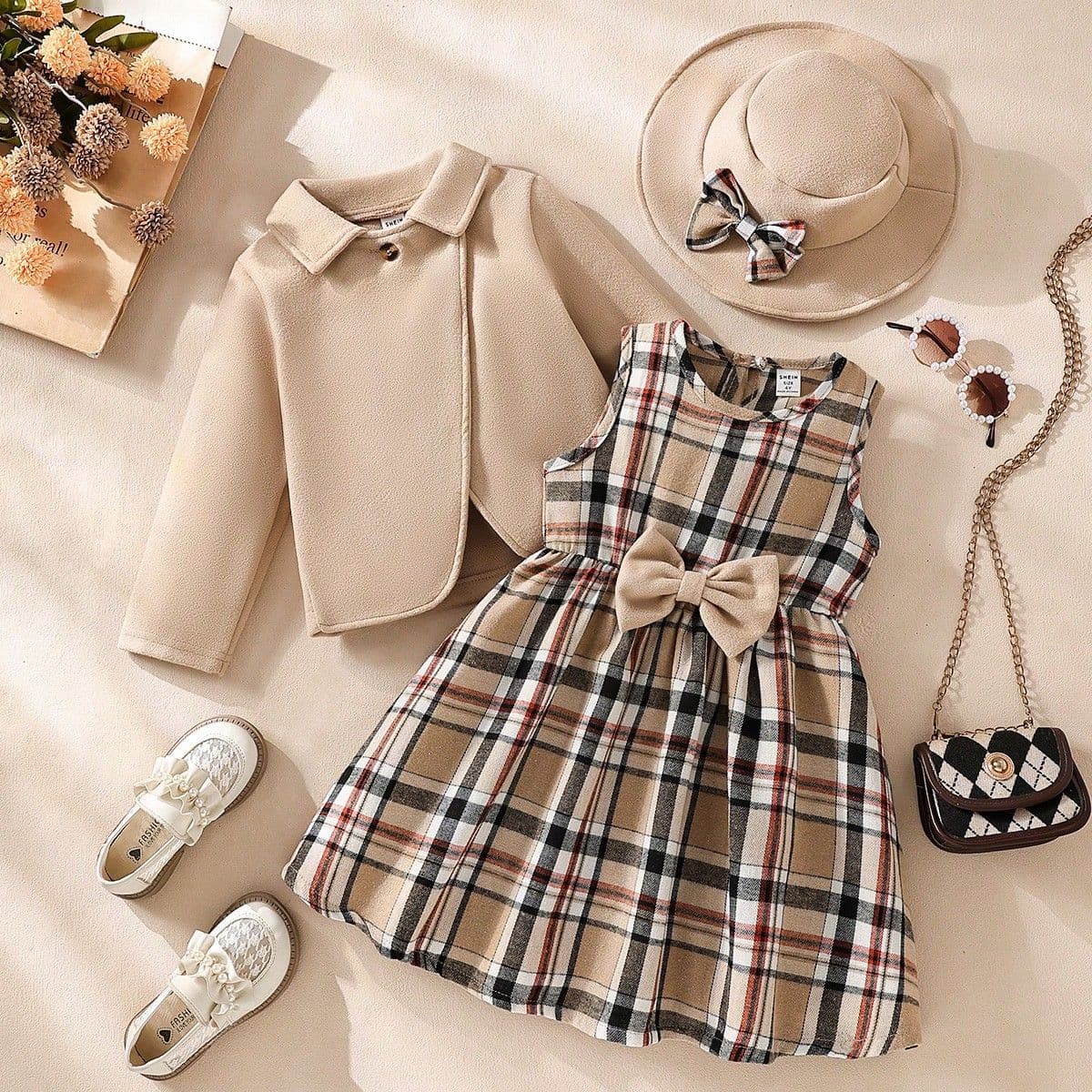 Coat + Plaid A Line Skirt + Bow Hat Autumn And Winter Girls Suit Three Piece Set