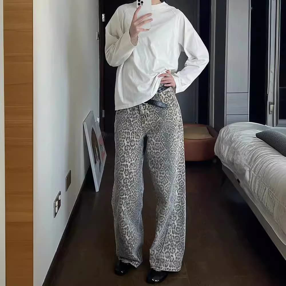 Women's Clothing Retro Leopard Print Jeans Street Hip Hop Beige Straight Wide Leg Pants High Waist Loose Jeans For Women