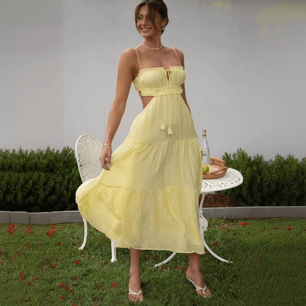 Women's clothing new v neck sleeveless solid color splicing long swing dress
