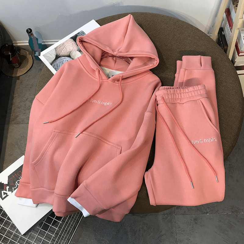 Women's Clothing Autumn And Winter Thickened Plus Velvet Loose Hooded Sweatshirt Women's Leggings Suit Sports Leisure Two Piece Suit Women