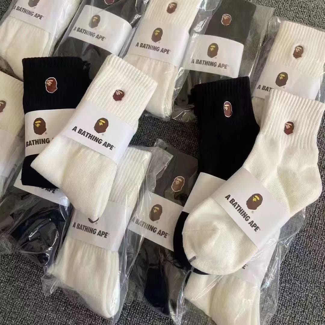 A BATHING-APE High Tube Thick Socks Solid Color Middle Tube Towel Bottom Cotton Sole Sports Socks Ins Youth Sports Socks