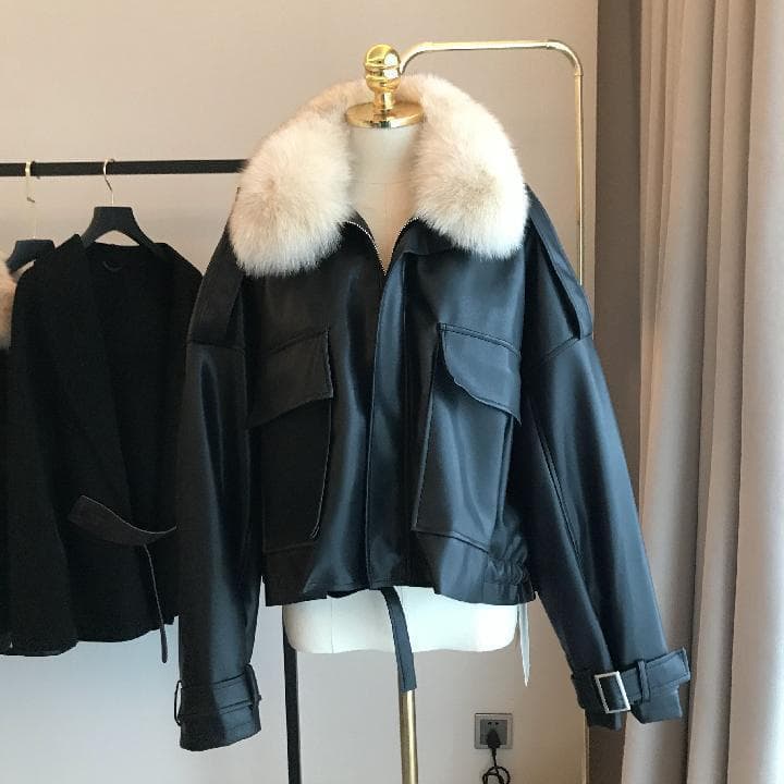 ​​Women’s Faux Leather Jacket With Detachable Fox Fur Collar – Plush Winter Coat (Black/Khaki, S-3XL)​​