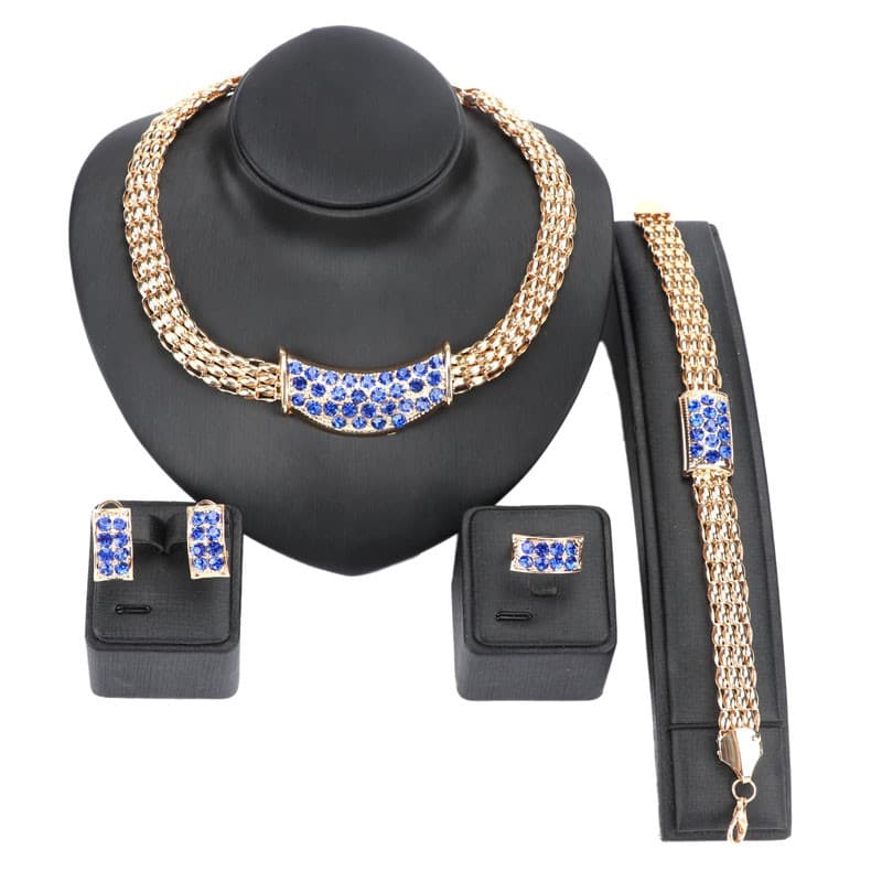 African Wedding Rhinestone Necklace Set Party Women Fashion Bridal Ring Bracelet Earrings Jewelry Sets