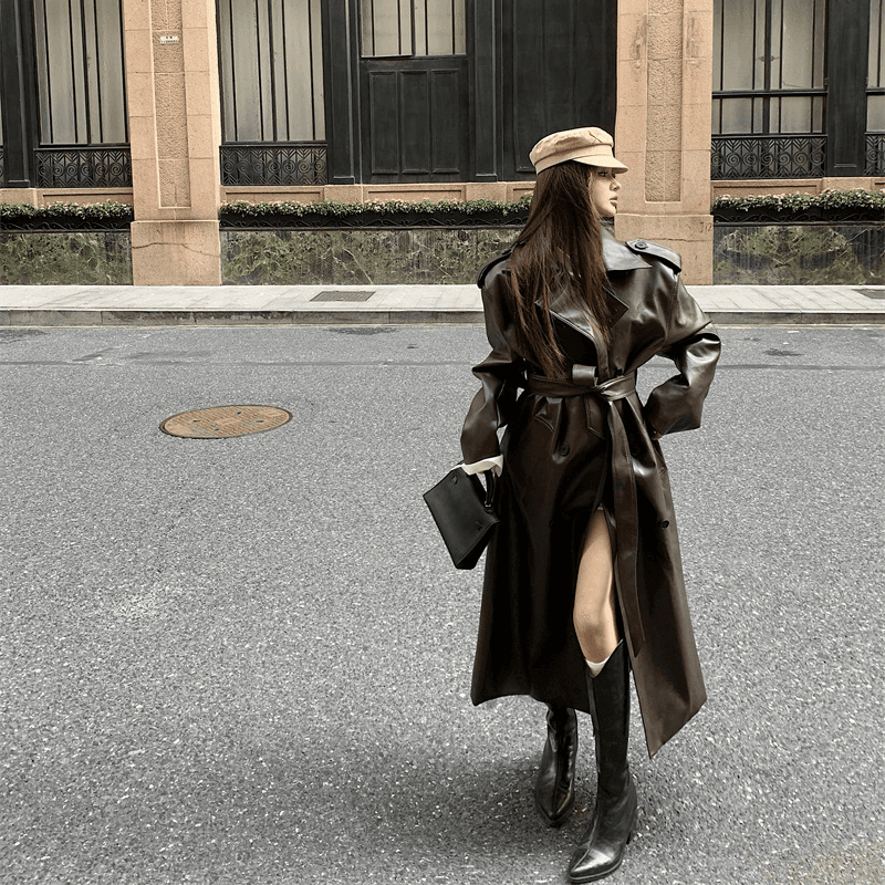 Retro Mid-Length Over-the-Knee Jacket High-Quality Women’s New Loose Leather Windbreaker