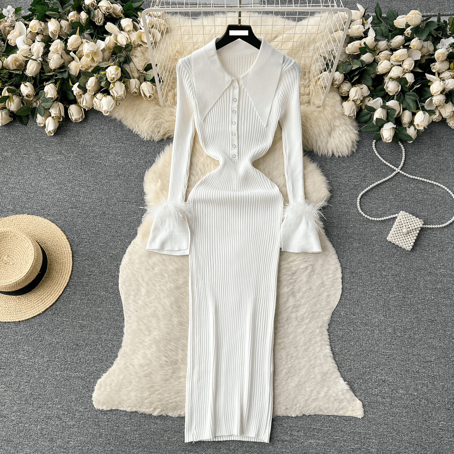 Women's Clothing Light luxury lady style knitted dress for women in autumn and winter, lapel feather tight design, high end niche temperament skirt