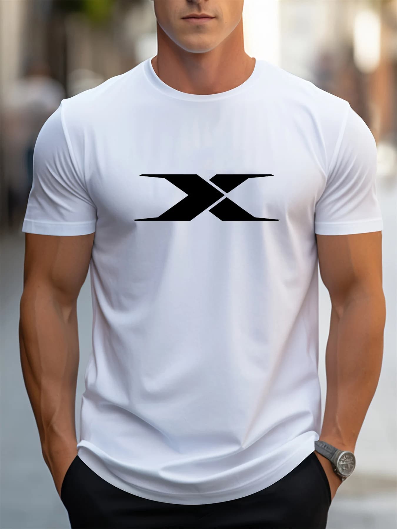 Men's Spring/Summer Fashion Short Sleeved T-shirt 100% Cotton Letter X Print Casual Slim Fit Versatile Top