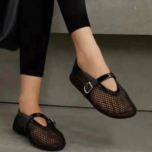 Round Headed Fishing Mesh Hollowed Out Mary Jane Single Shoes For Women Going Out, Size 42 Summer New Sandals