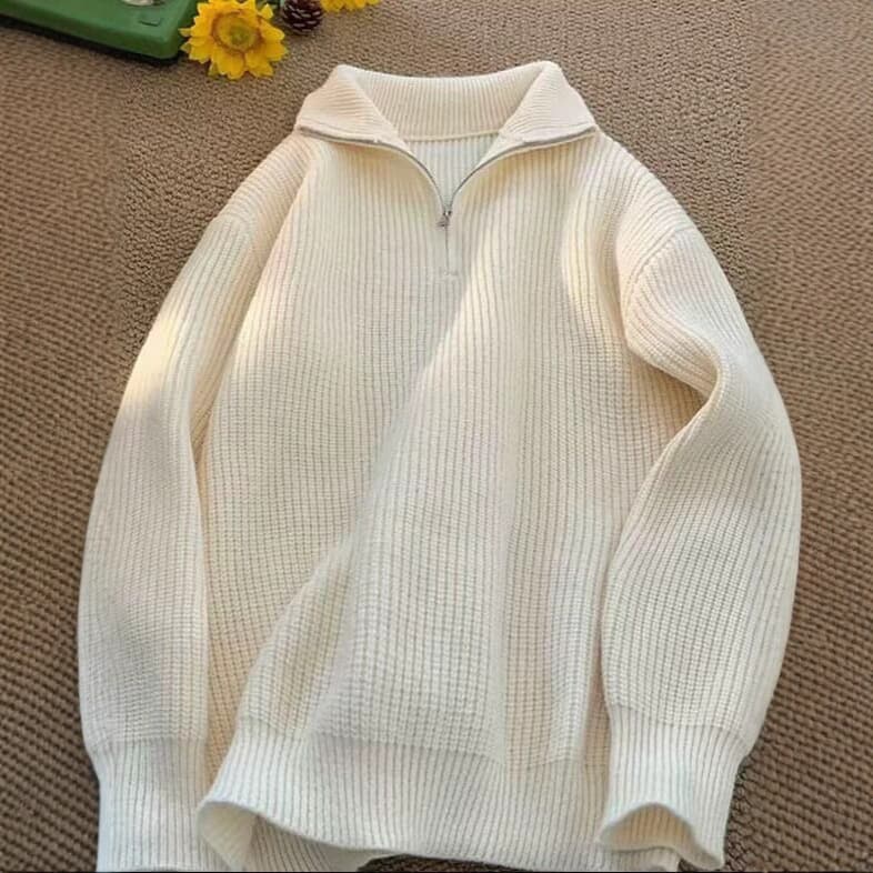 ​​Retro High-Neck Zip Sweater – Unisex Oversized Knit Pullover (Gray/Black/Green/Beige, M-3XL)​​