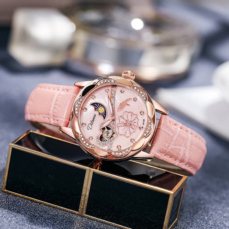 Multifunctional waterproof automatic ladies mechanical watch sun, moon and stars shell surface mechanical watch female