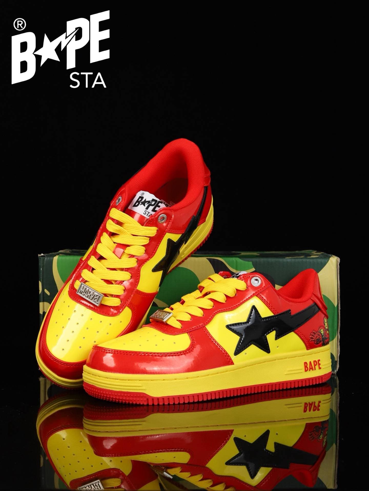 A BATHING-APE Classic Marvel-Lacquer Leather Splicing Fashion Board Shoes Air Force No.1 Board Shoes Unisex