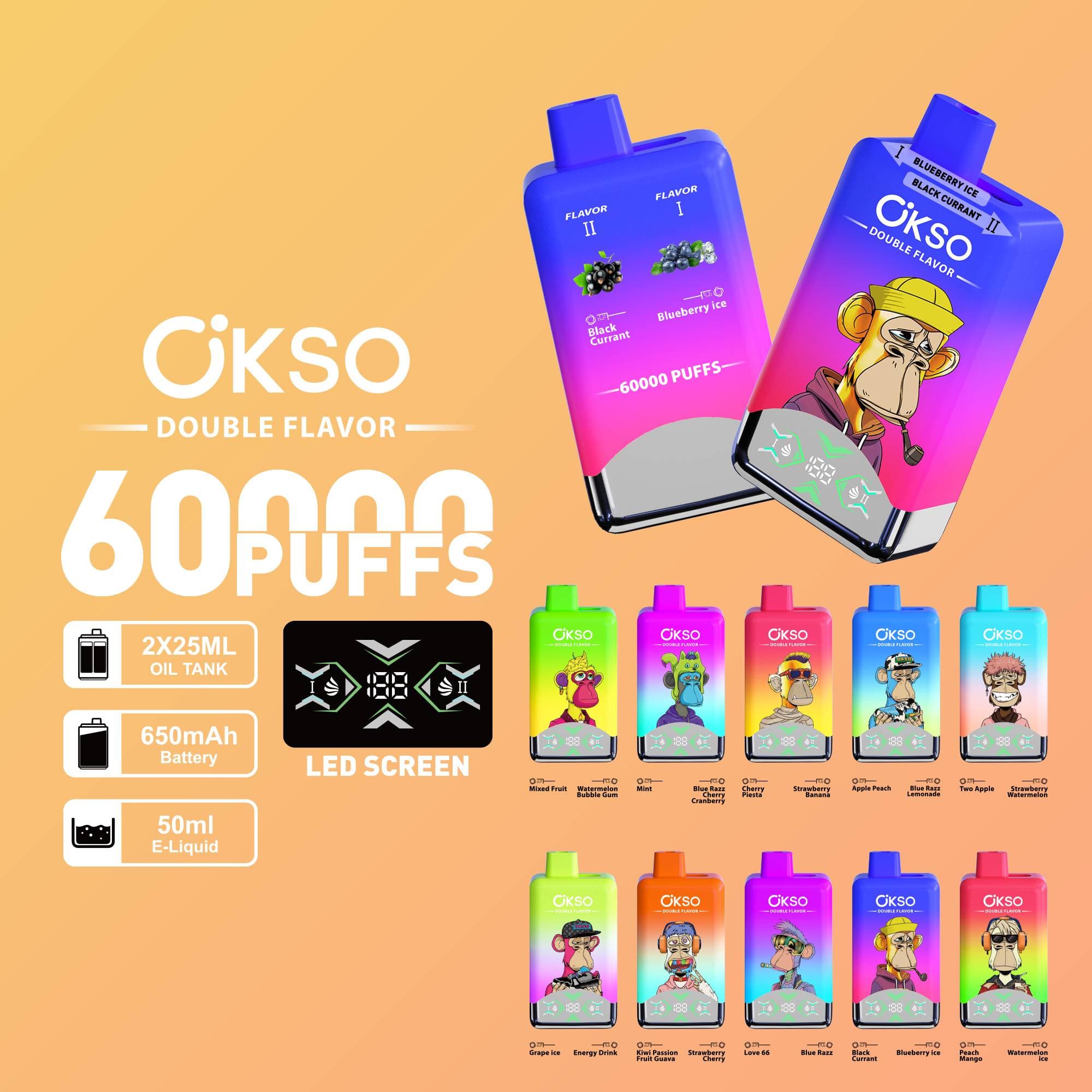 Lot de 10 cigarettes électroniques jetables OKSO à double réservoir, saveurs mixtes, 60 000 bouffées, 60 000 bouffées, originales
