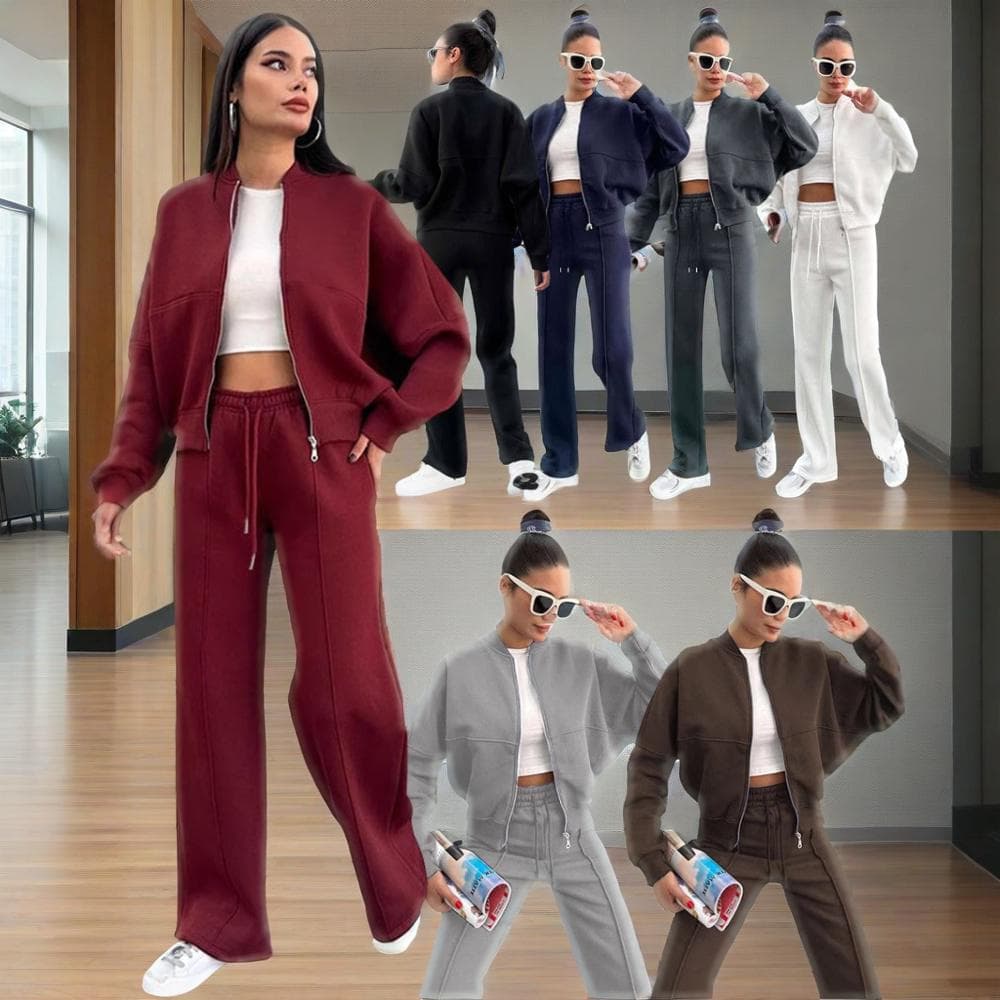 Women's Clothing Autumn And Winter Solid Color Plus Velvet Zipper Cardigan Women's Fashion Casual Straight Pants Set