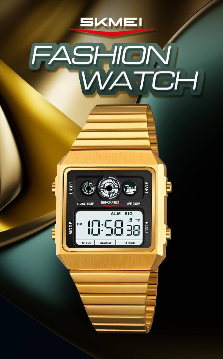 ‌SKMEI 2450 Gold Digital Watch‌: Fashionable, Waterproof To 100m, Multifunctional With ‌Alarm, Dual Time, Date‌, Lightweight     