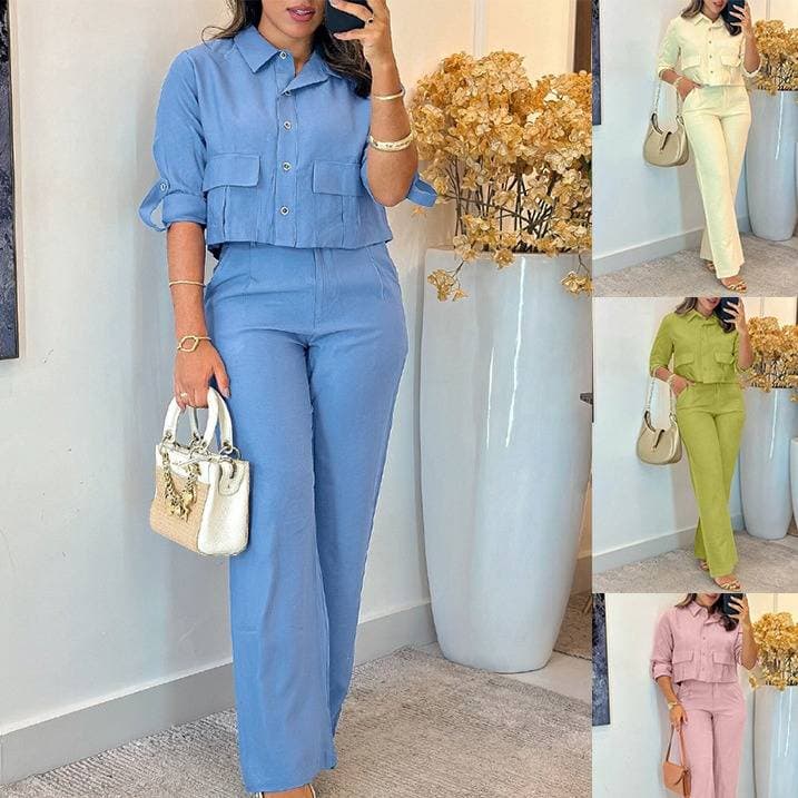 ​​ODS5726 Women's Long Sleeve Cropped Shirt & Wide Leg Pants Set – Effortless Chic In Vibrant Colors​​