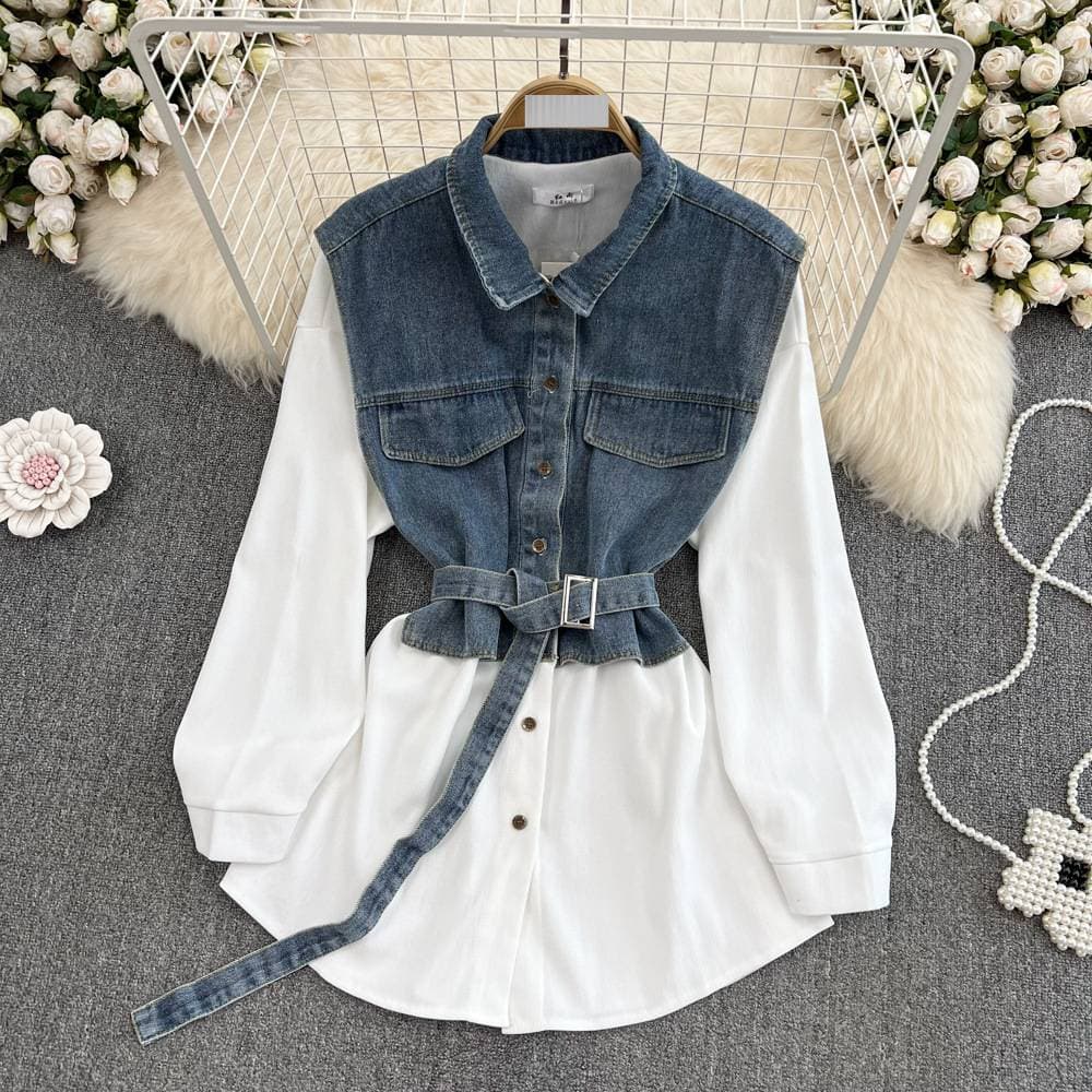 Retro Denim-Trimmed Shirt Dress – A-Line Collared Dress With Long Sleeves (One Size Fits Most, 7 Colors: White/Black/Red)