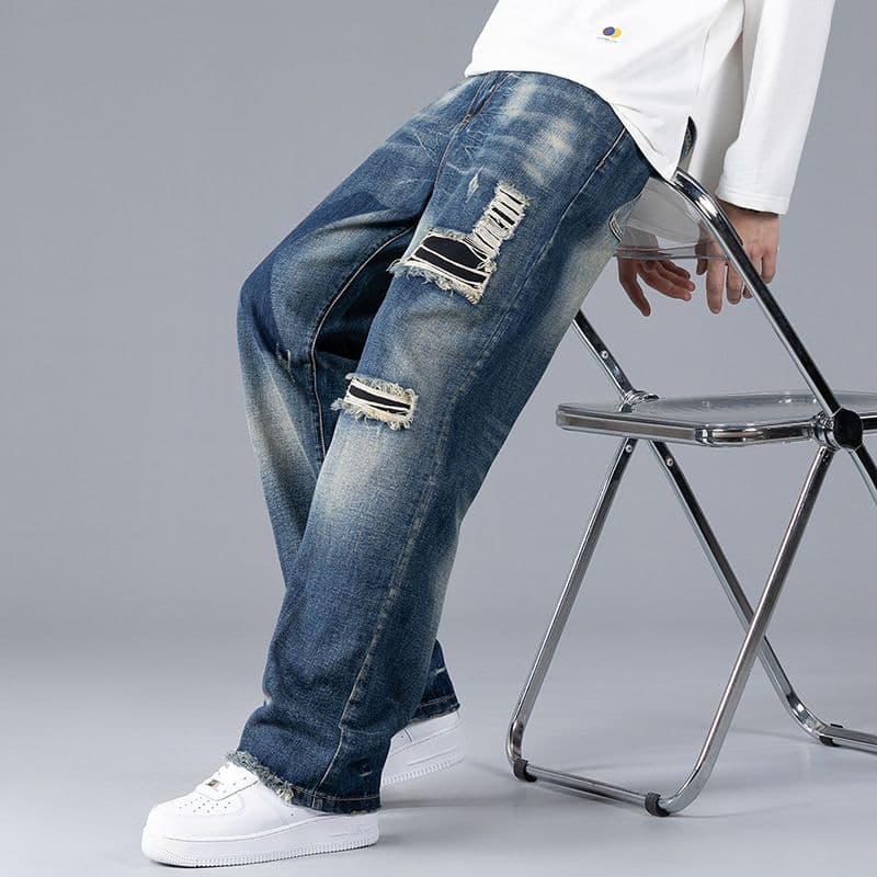 Men's Autumn New Ripped Jeans Patch Loose Straight Wide Leg Trendy Casual Men's Pants