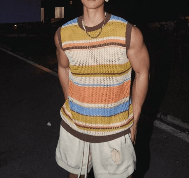 2025 Striped Color Block Loose Sleeveless Vest Knitted T-Shirt Summer Trendy High Street Niche Hollow Out