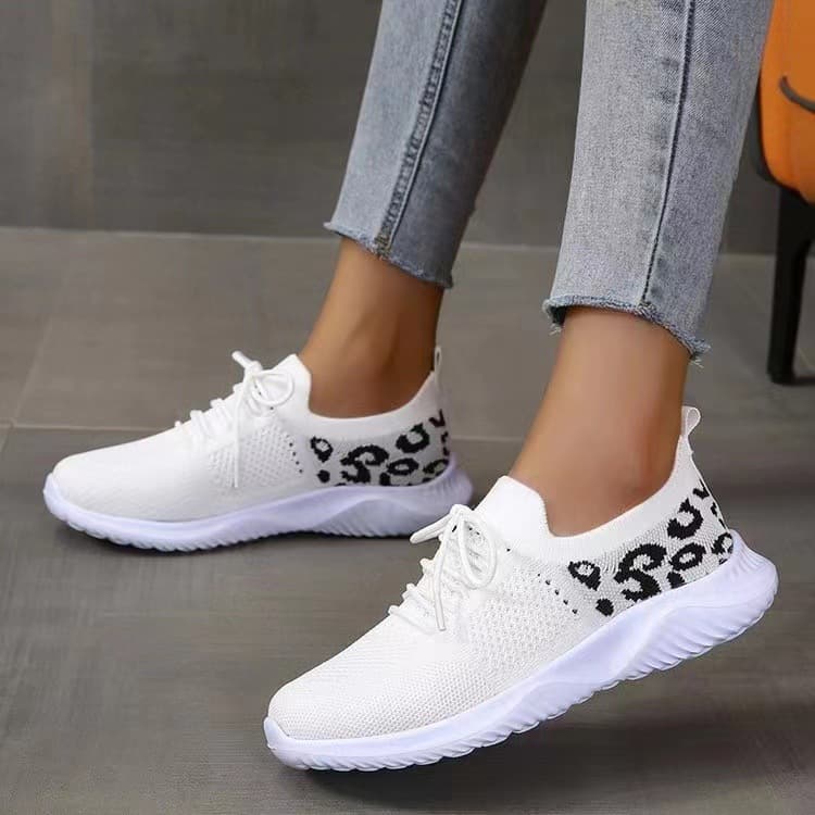 Women's casual sports single shoes new flying woven leopard print round head lace-up flat comfortable mesh women's shoes