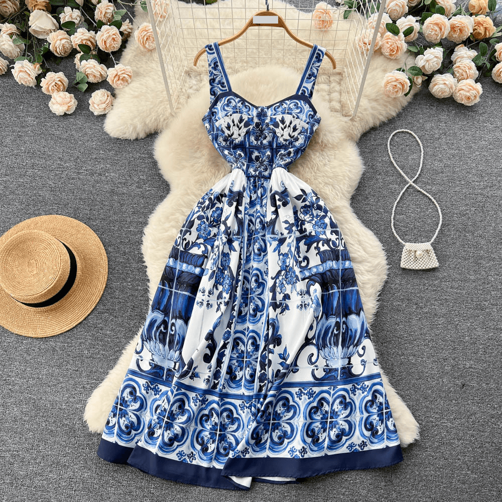 Women's Clothing National style retro suspender dress for women design niche waist slimming floral A-line long skirt