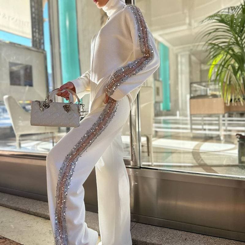 Women's Clothing high collar fashion niche sequined trousers suit