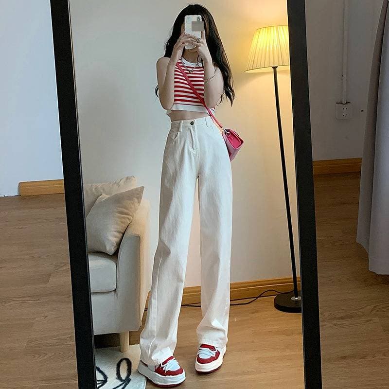 Retro High-Waisted Wide Leg Jeans Loose Straight Floor-Length Pants Hong Kong Style For Petite Women Solid Color England Fashion