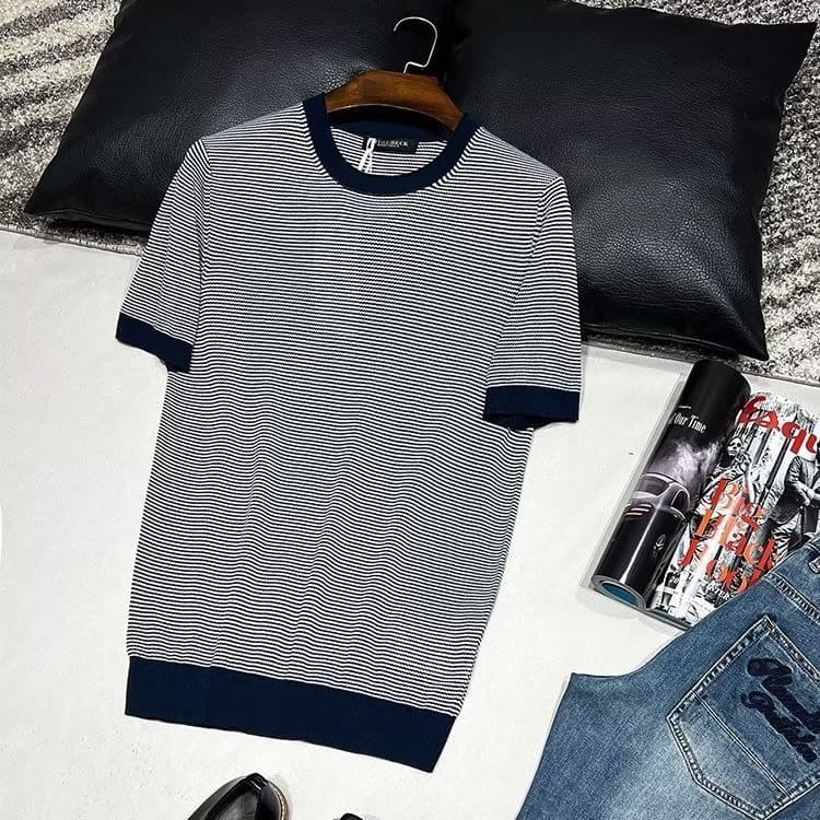 Men's Clothing casual standard T shirt men's summer new fashion ins trend ice silk pinstripe knitted short sleeved men's tops