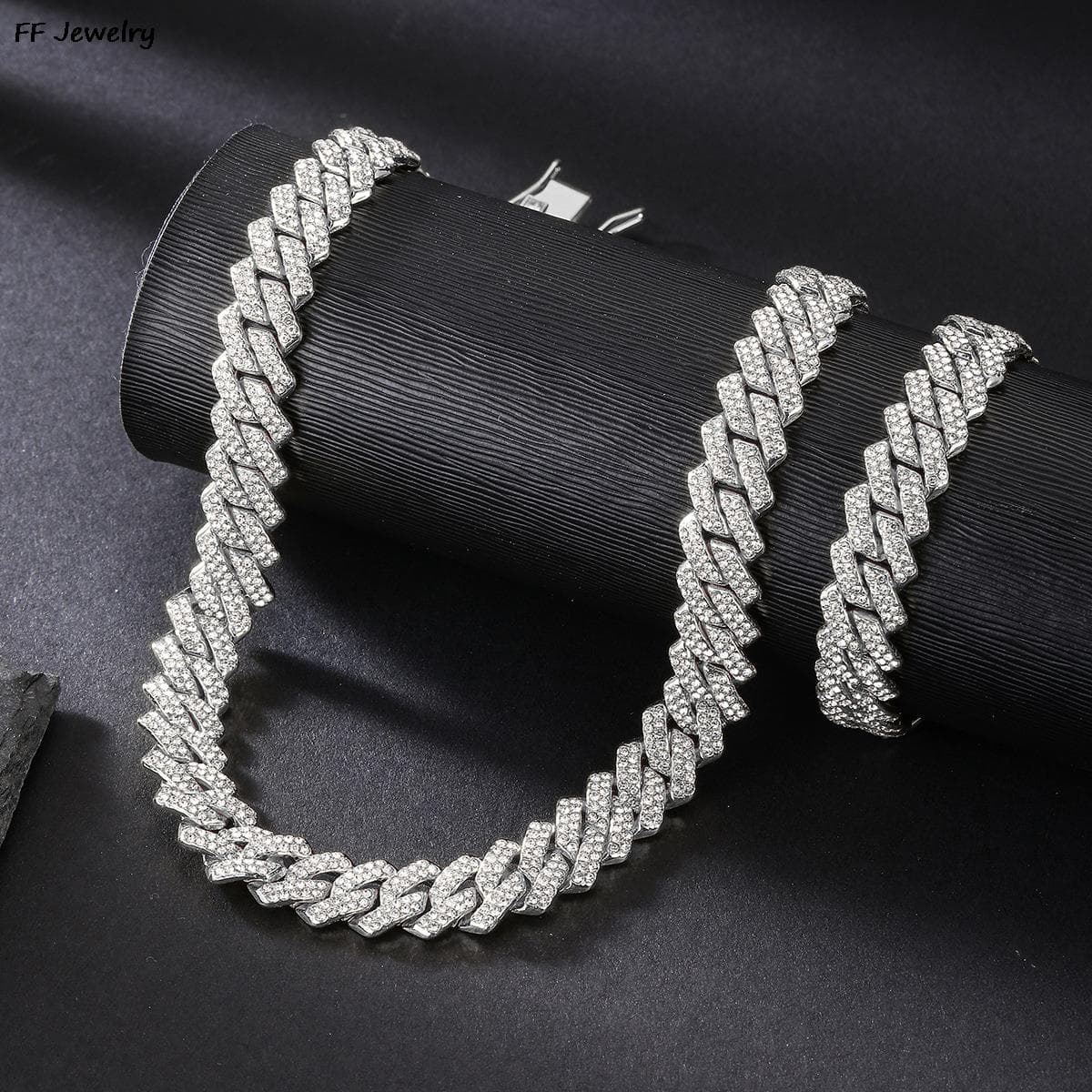 13MM Rhombus Prong Cuban Link Chain 2Row Iced Out Rhinestones Rapper Necklaces Bracelet For Men Women Choker men Jewelry