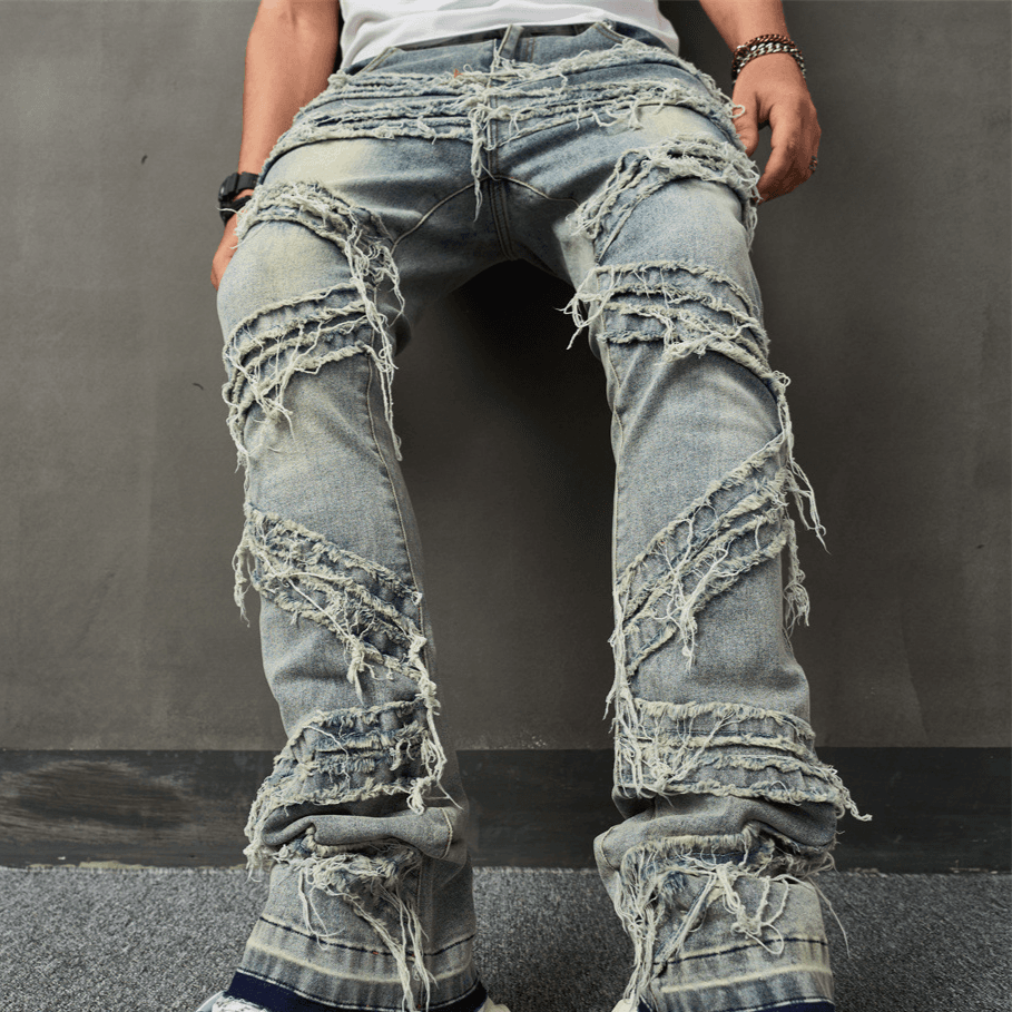 Men's Clothing New Ripped Men's Jeans With Whiskers, Fashionable Elastic Loose Wide Leg Pants, Casual Men's Trousers
