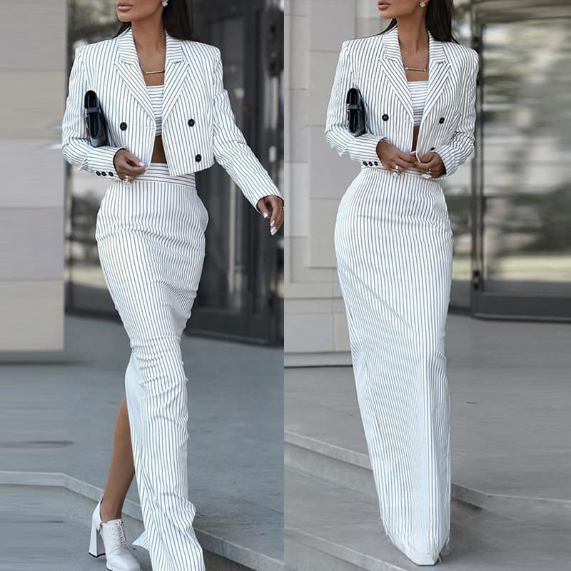 Women's Stylish Two-Piece Color-Block Outfit - Casual Long-Sleeve Top & Midi Skirt Set (White)