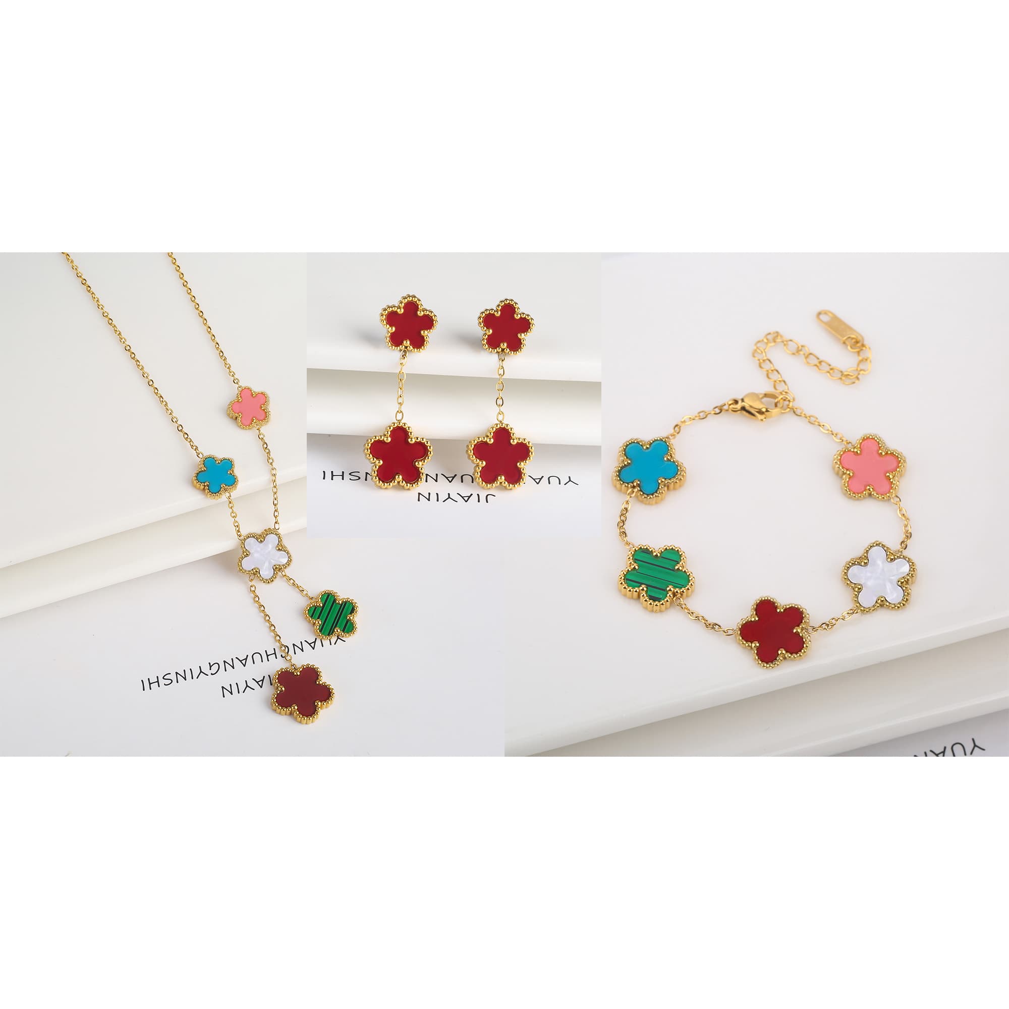 Ensemble de 3 pièces plaqué or 18 carats : collier, boucles d'oreilles et bracelet en forme de fleur à cinq feuilles. Bijou tendance pour femme, i