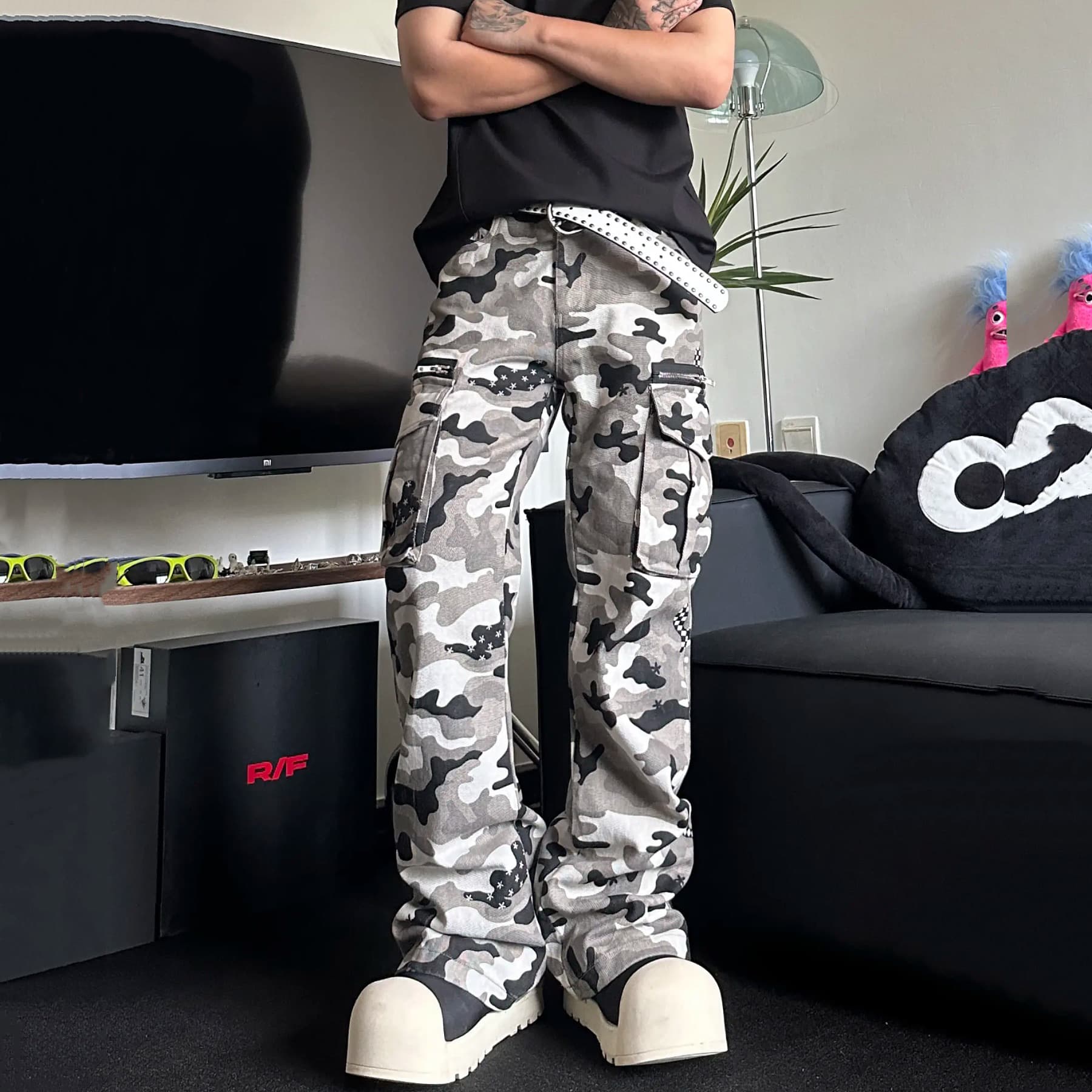 High Street Vintage Flare Cargo Jeans – Slim Fit Camo Utility Pants With Distressed Wash (S-XXXL, Unisex Streetwear Trousers)​