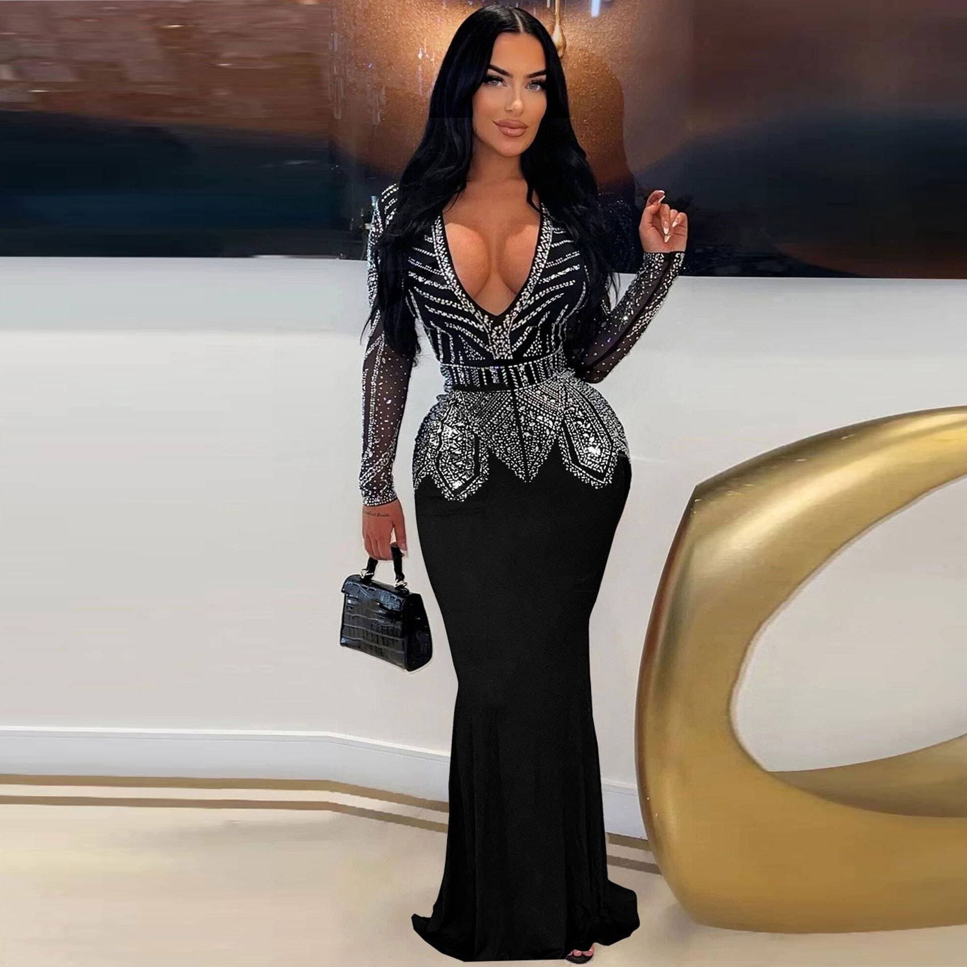 Women's Clothing Sexy Slim Fit Hot Diamond Hip wrapped V neck Dress