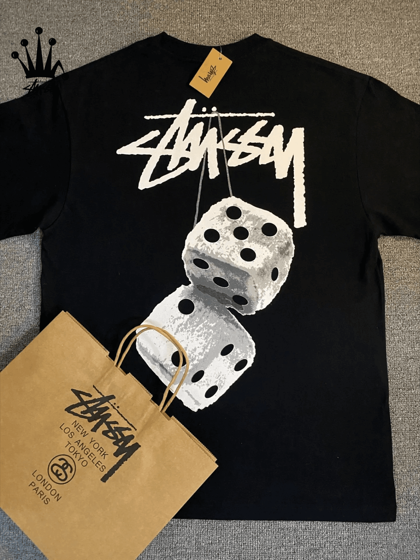 Stussy SS22 Dice Series Fuzzy Dice Tee Pattern Printed Round Neck Hooded Short Sleeve T-shirt For Couples