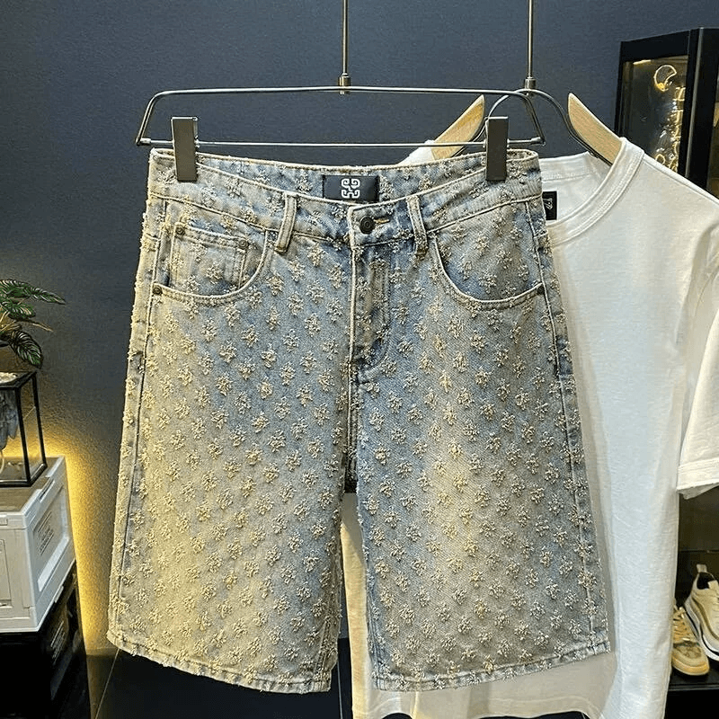 Men's Trendy High Street Jacquard Ripped Denim Shorts Design Niche Loose Straight Retro Five Point Summer Pants